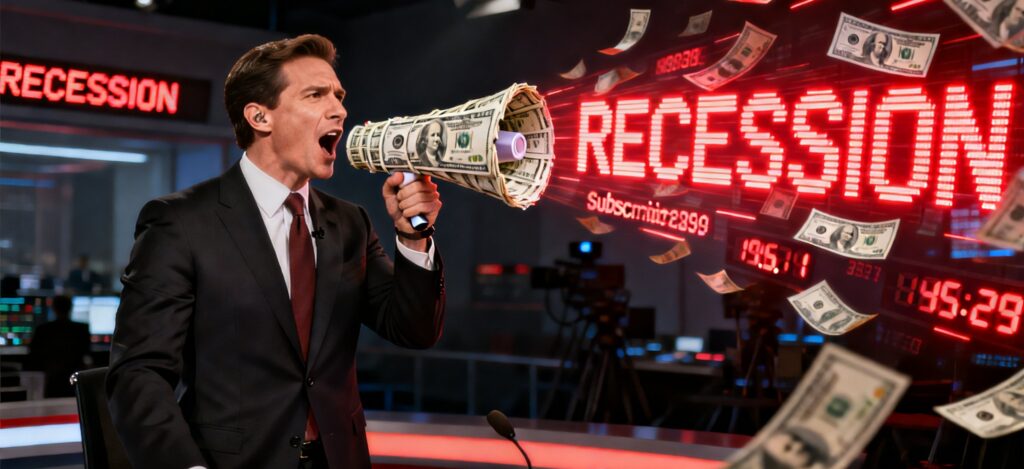 A news anchor in a dark studio shouting through a megaphone made of hundred dollar bills, surrounded by red digital ticker tape.