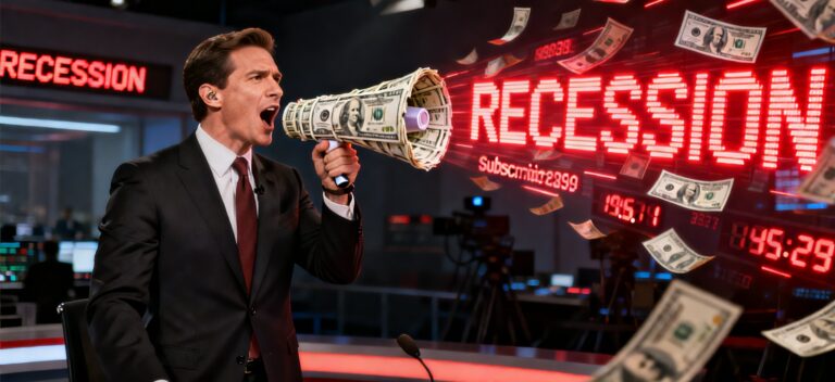 A news anchor in a dark studio shouting through a megaphone made of hundred dollar bills, surrounded by red digital ticker tape.