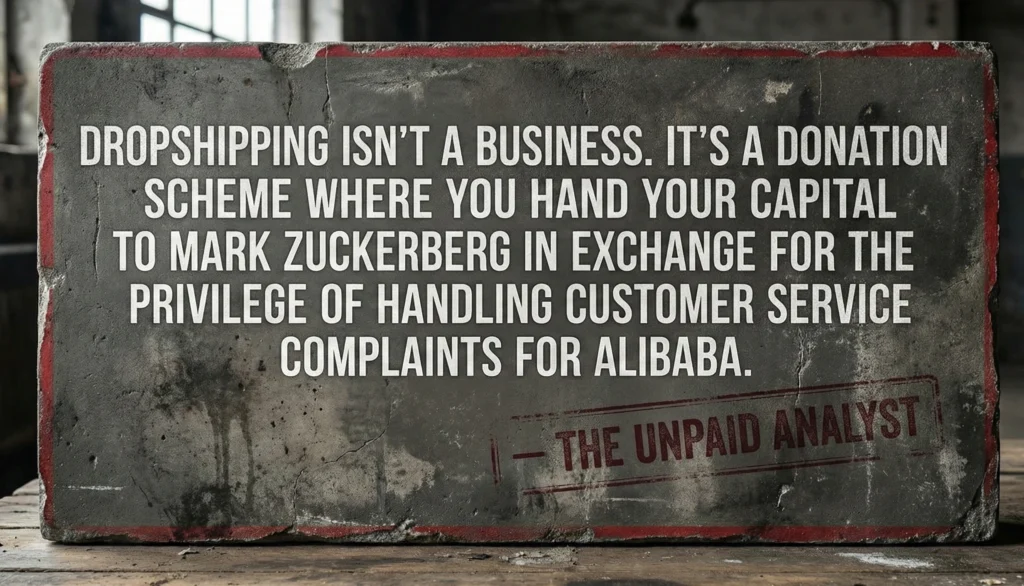Quote card from The Unpaid Analyst stating dropshipping is a donation scheme to ad platforms and a customer service job for suppliers.