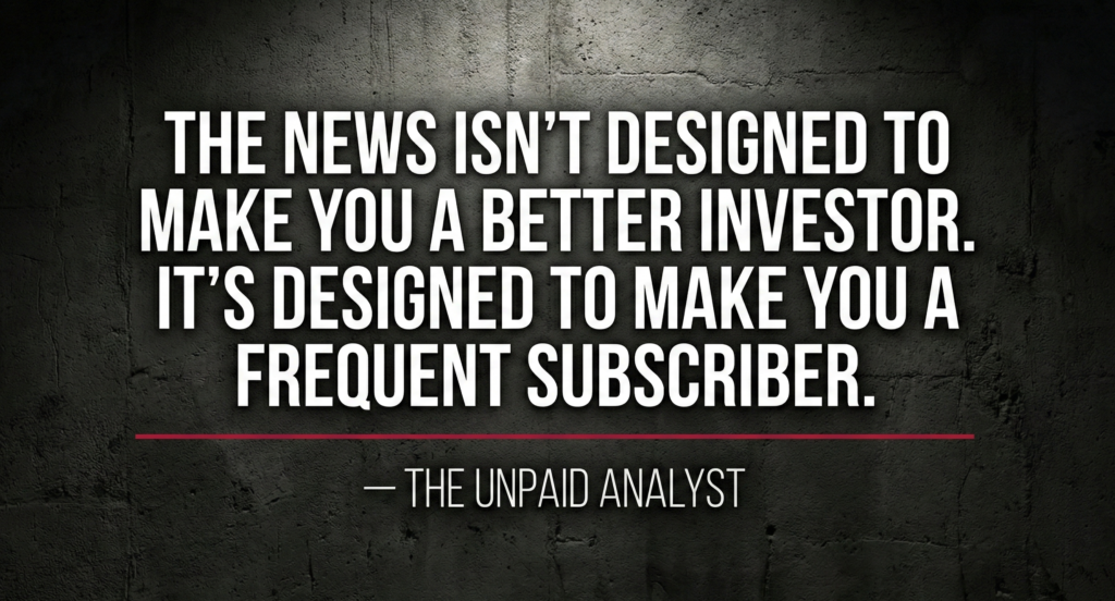 Dark concrete quote card that says: "The news isn't designed to make you a better investor. It's designed to make you a frequent subscriber. - The Unpaid Analyst"