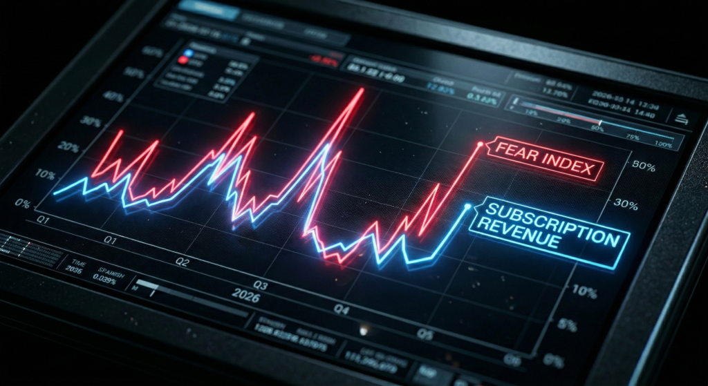 Glowing financial terminal screen showing a chart where the fear index spikes in perfect correlation with media subscription revenues.